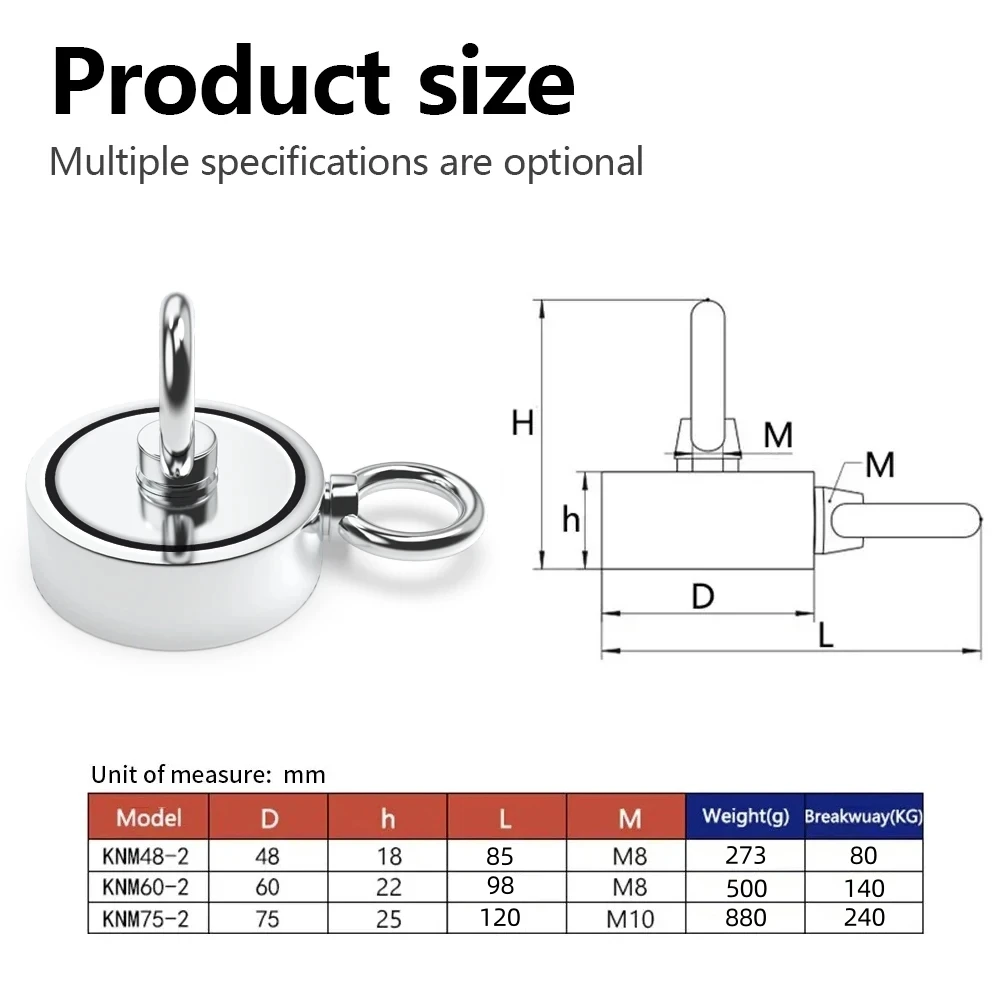 قوي قوي مغناطيس النيوديميوم مزدوج الجانب الإنقاذ البحث خطاف مغناطيسي حامل الصيد البحري سحب تصاعد وعاء مع حلقة