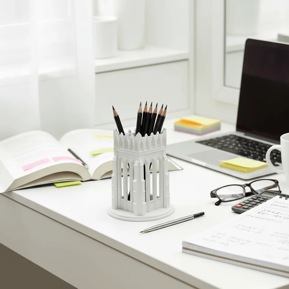 Retro Gothic Church-Style Pen Holder Vintage 3D Printed Desktop Ornament Large Capacity Classic Storage Display Shelf Home