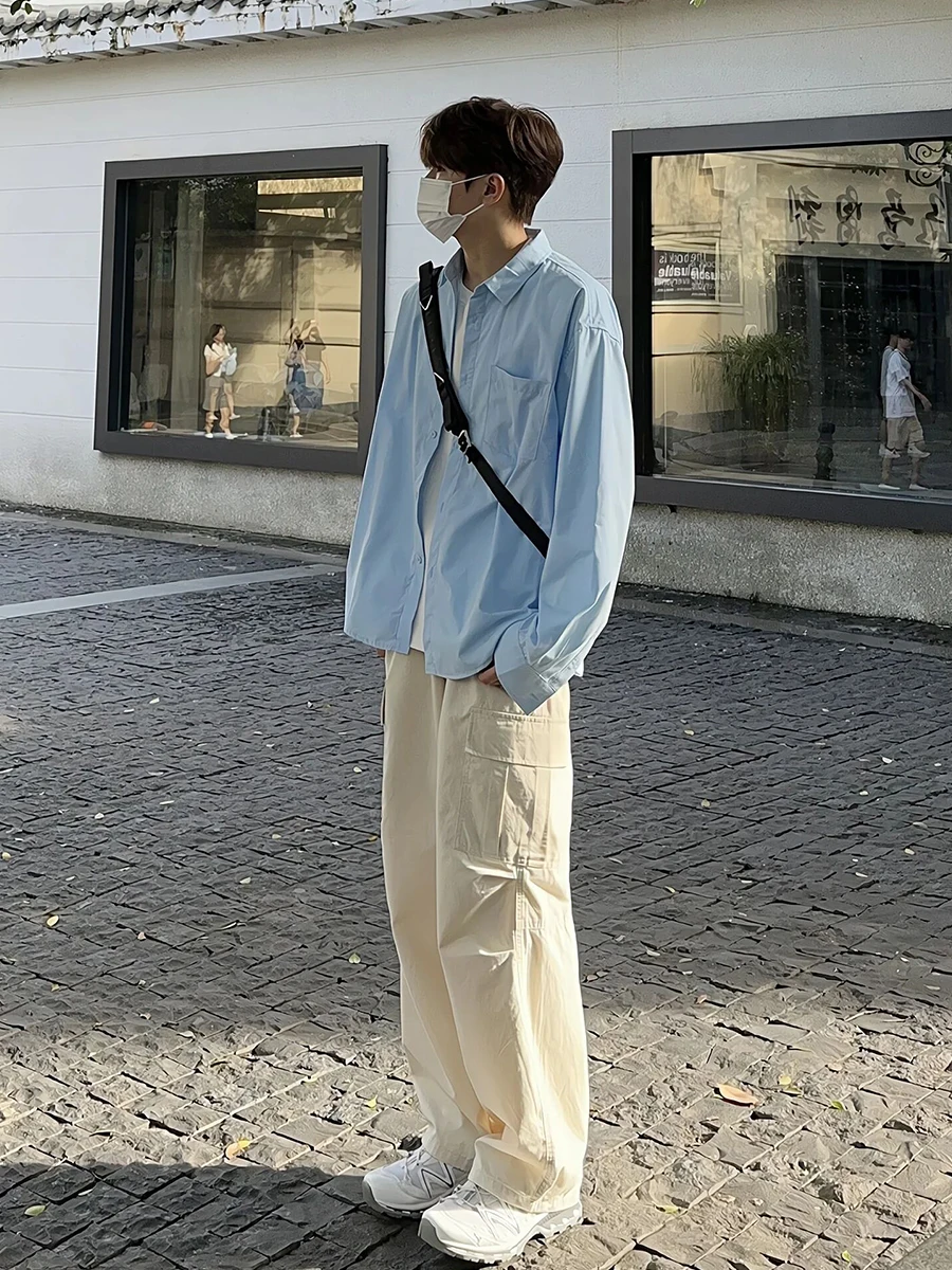 

Blue Ice Silk Men's irt Summer Thin Long Sve Sun Protection Korean Sle Youth Faion Loose Fit Cleanfit Outerwear