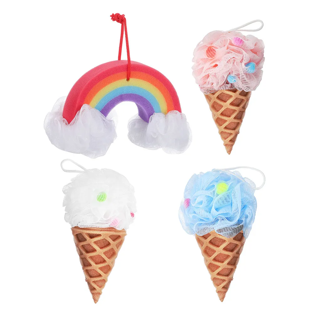 4Pcs Ice Cream Cone Shower Loofah Sponge Bath Ball for Kids Body Scrub Sponge Exfoliating Soft Skin Cleanser Travel Size