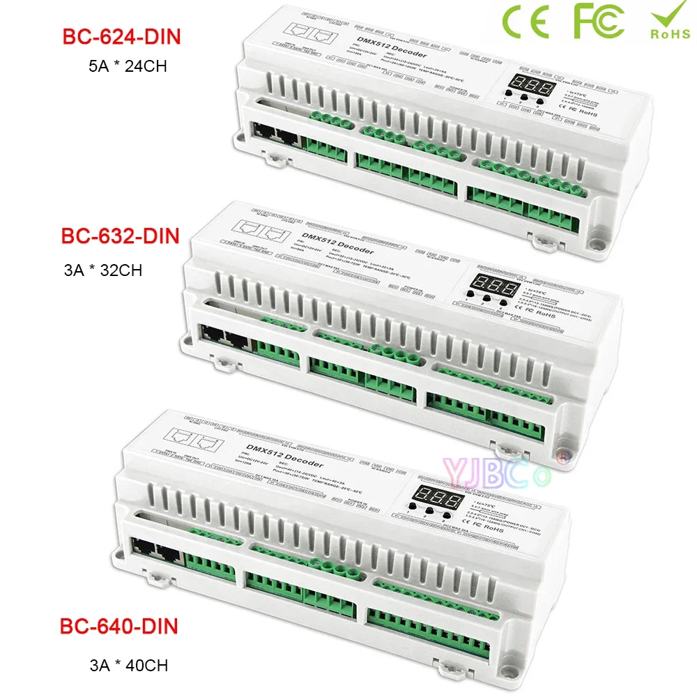 

12V-24V DC 3A*24CH 32CH 40CH DIN Rail DMX Decoder CV PWM RJ45 8-bit,16-bit DMX512/1990 Single color CCT RGB RGBW LED Controller