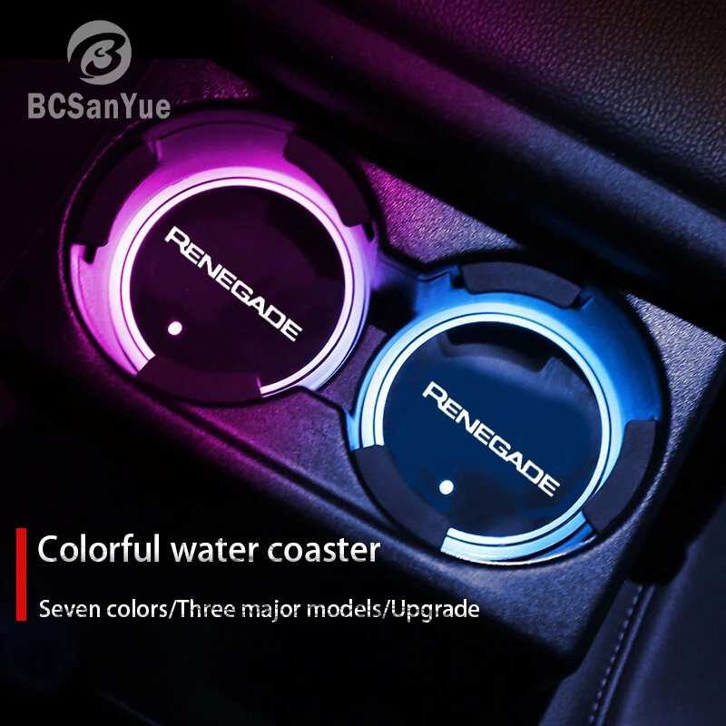 Luminous LED Car Cup Holder Coaster for Jeep Renegade 7 Colors Changing USB Charging Vibration Sensor Anti Slip Pad Custom Logo