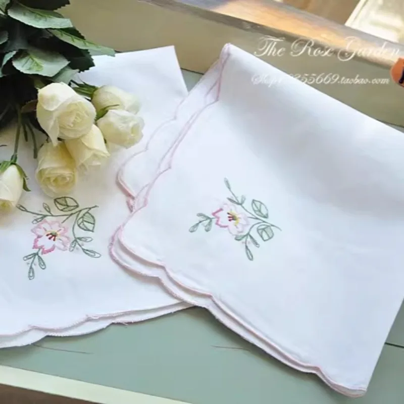 6pcs Pastoral White Cotton Colored Embroidered Afternoon Tea Napkin Handkerchief