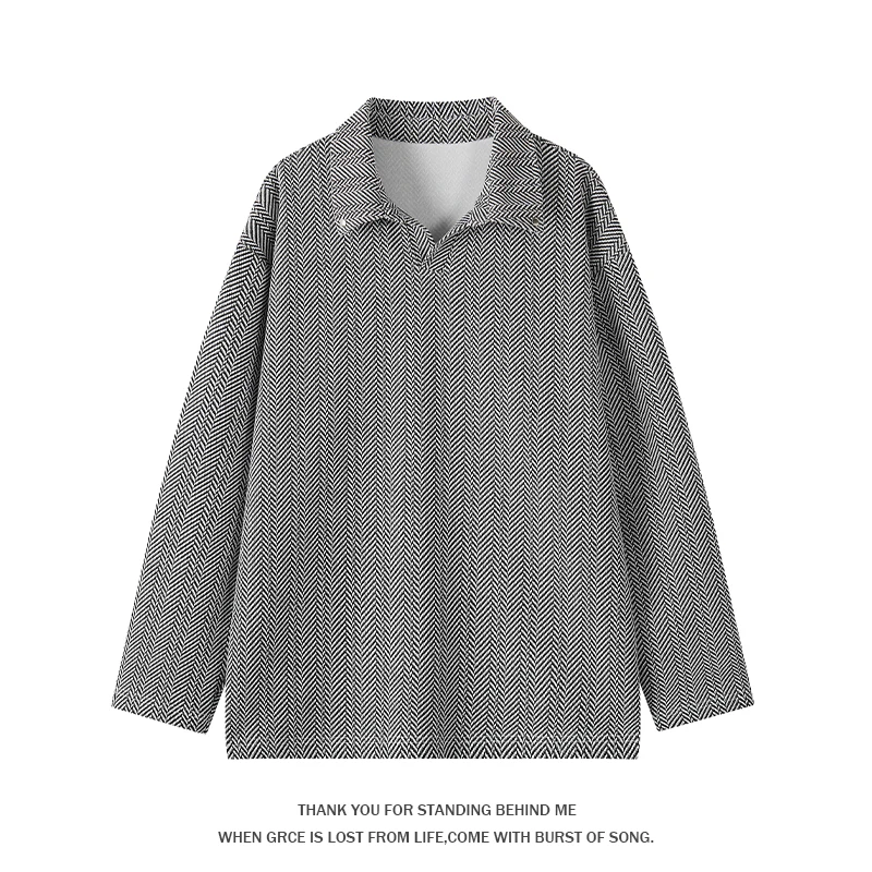 Men Herringbone Textured Polo Collar Long Sleeve Shirt Loose Casual Lapel Half Placket Pullover Textured Knit Top