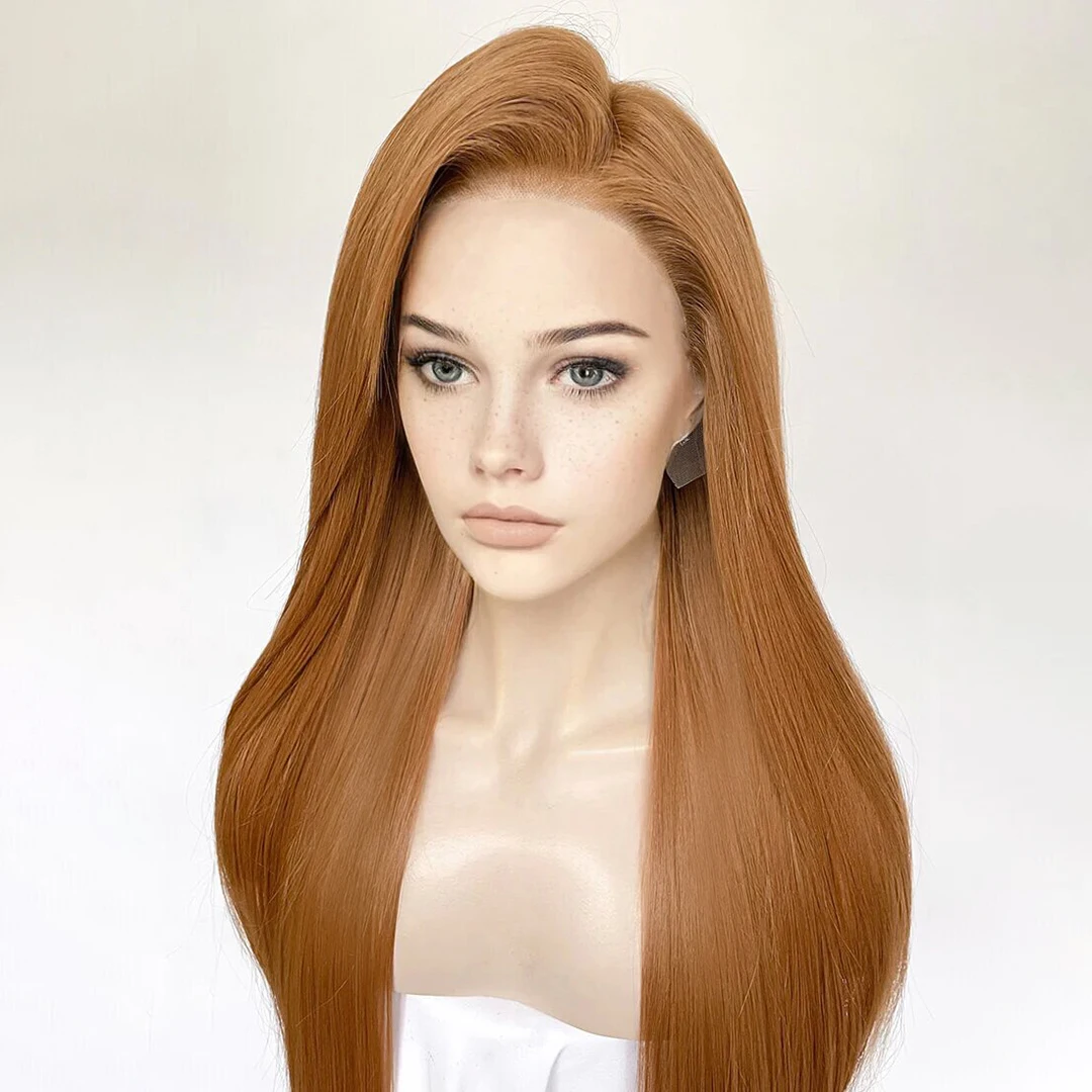 Long Glueless Silky Straight Caramel Brown Blonde 13x4 Lace Front Synthetic Hair Wigs Lolita Daily Wear Black Women Lace Wigs