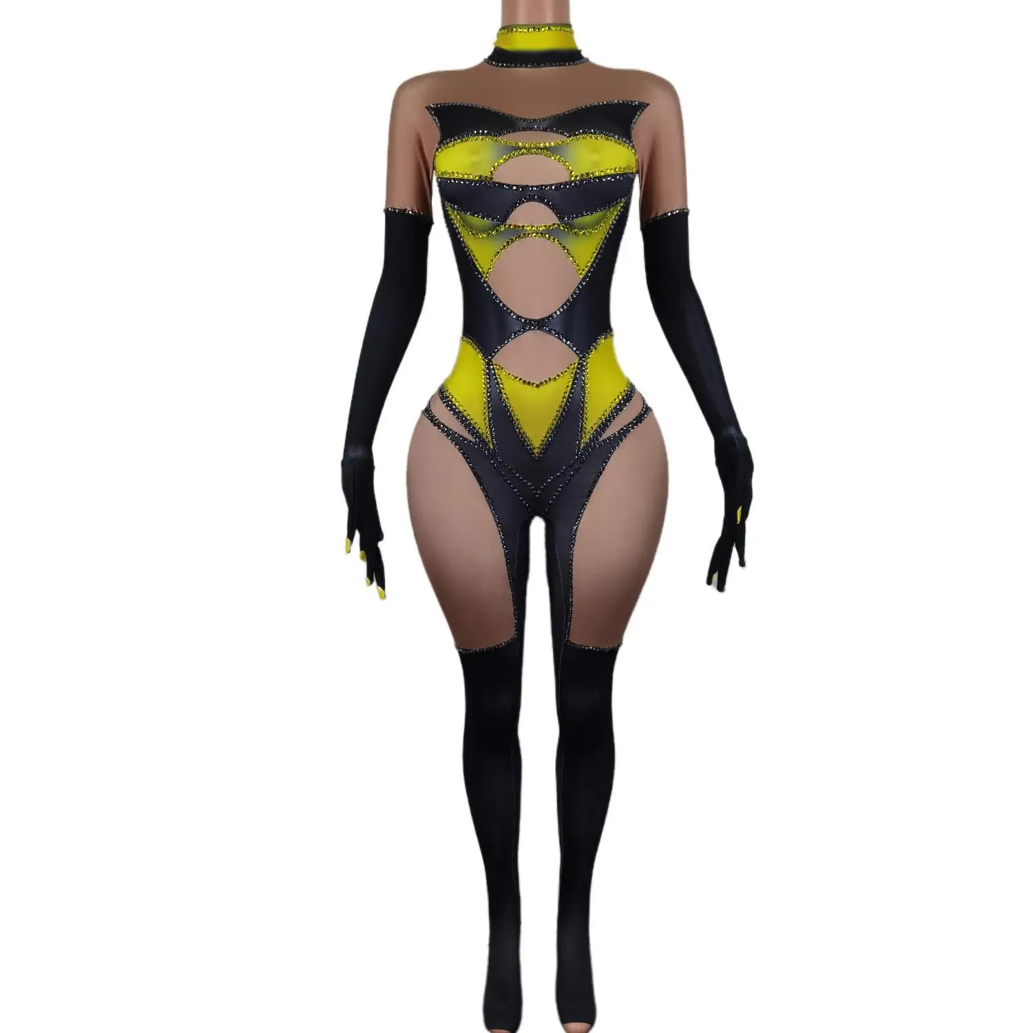 Zwart Geel Steentjes Jumpsuit Sexy Paaldans Performance Kleding Nachtclub Stretch Bodysuit Drag Show Kostuum Dahuangfeng