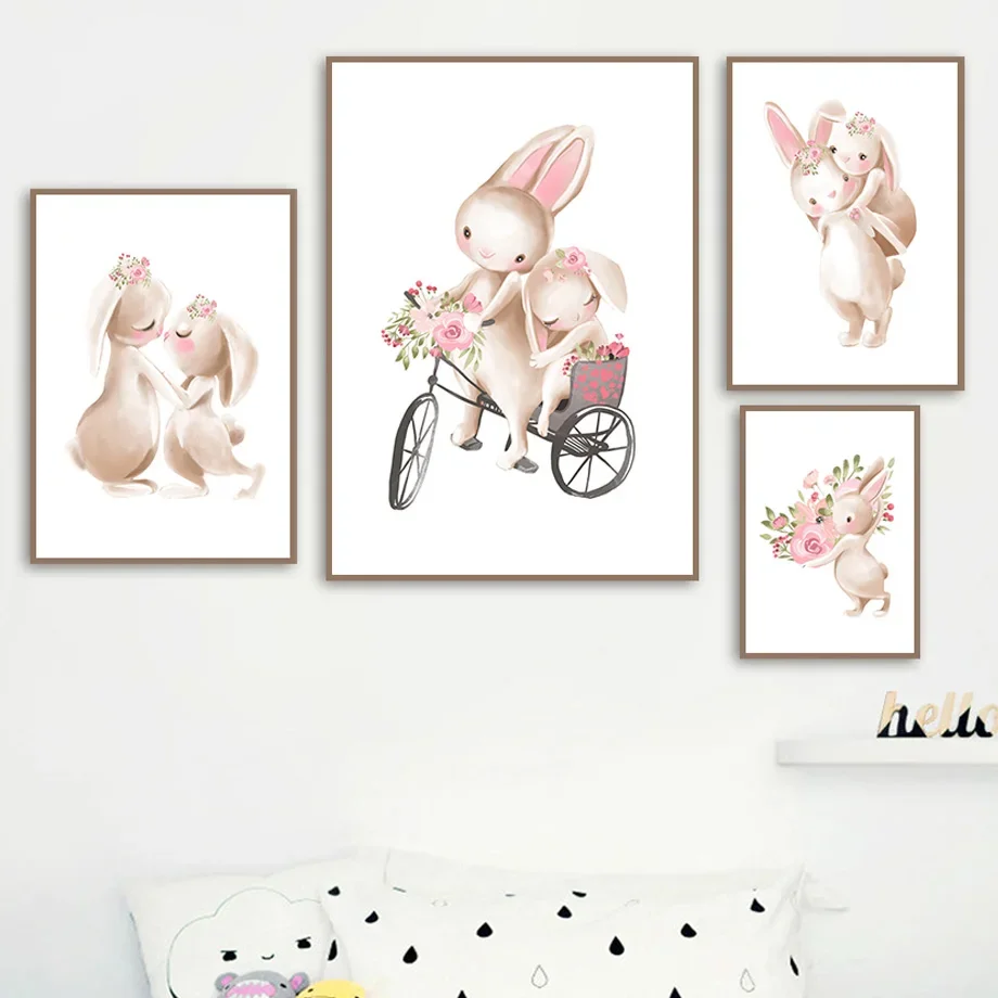 

Bunny Rabbit Flower Animal Nursery Nordic Posters And Prints Wall Art Canvas Painting Wall Pictures Baby Child Kids Room Decor