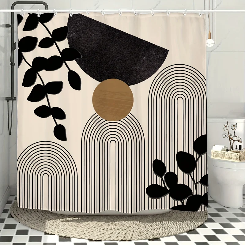 Abstract Geometric Minimalist Shower Curtain Suit，Modern Leaf Pattern - Waterproof Polyester Bathroom Decoration，Belt 12 One Pla