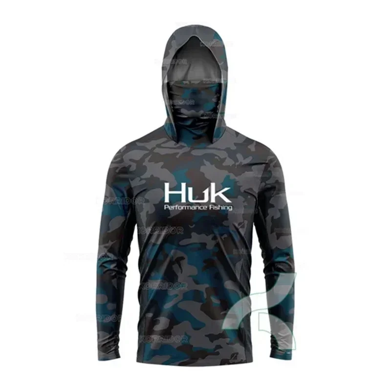 HUK Fishing Shirt Long Sleeve Anti-UV Fishing Hooded Shirts With Face Mask Fish Clothing Outdoor Sun Protection T-shirts UPF 50+