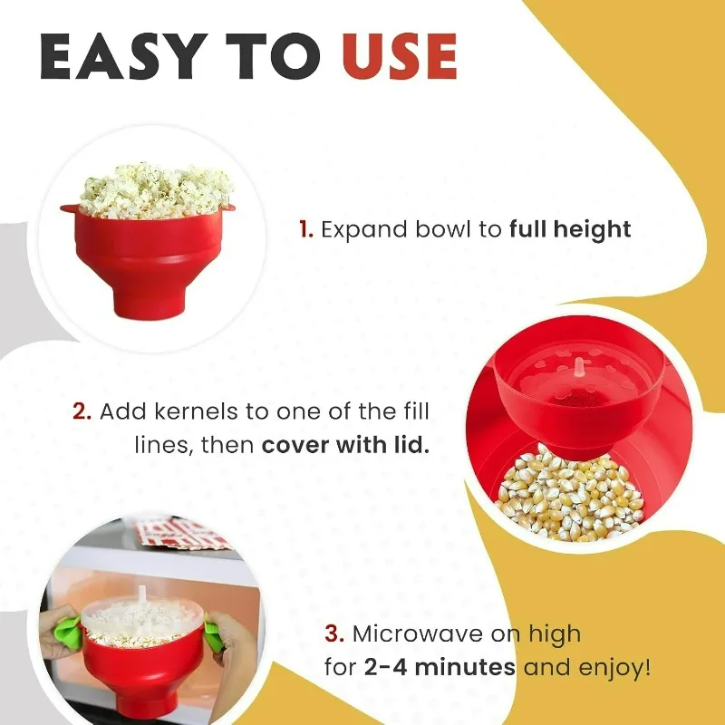 Collapsible Silicone Microwave Popcorn Popper Maker Machine, Microwavable Bowl Holds 16 Cups,The Most Colors Available (Red)