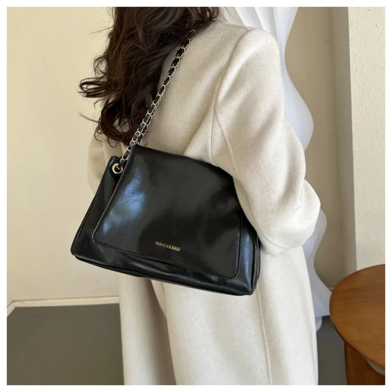 السيدات كبار الرجعية سعة كبيرة حمل حقيبة الفتيات أزياء بسيطة ركاب حقيبة كتف الترفيه لون نقي الرجعية سلسلة Crossbody #1