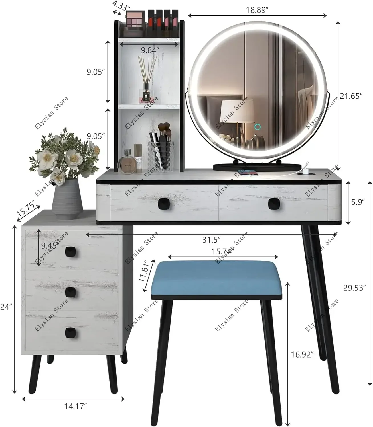 Vanity Desk with 3-Color Lighted Mirror, Makeup  Table Set  Lights & Charging Station, 5 Drawers, Shelves,