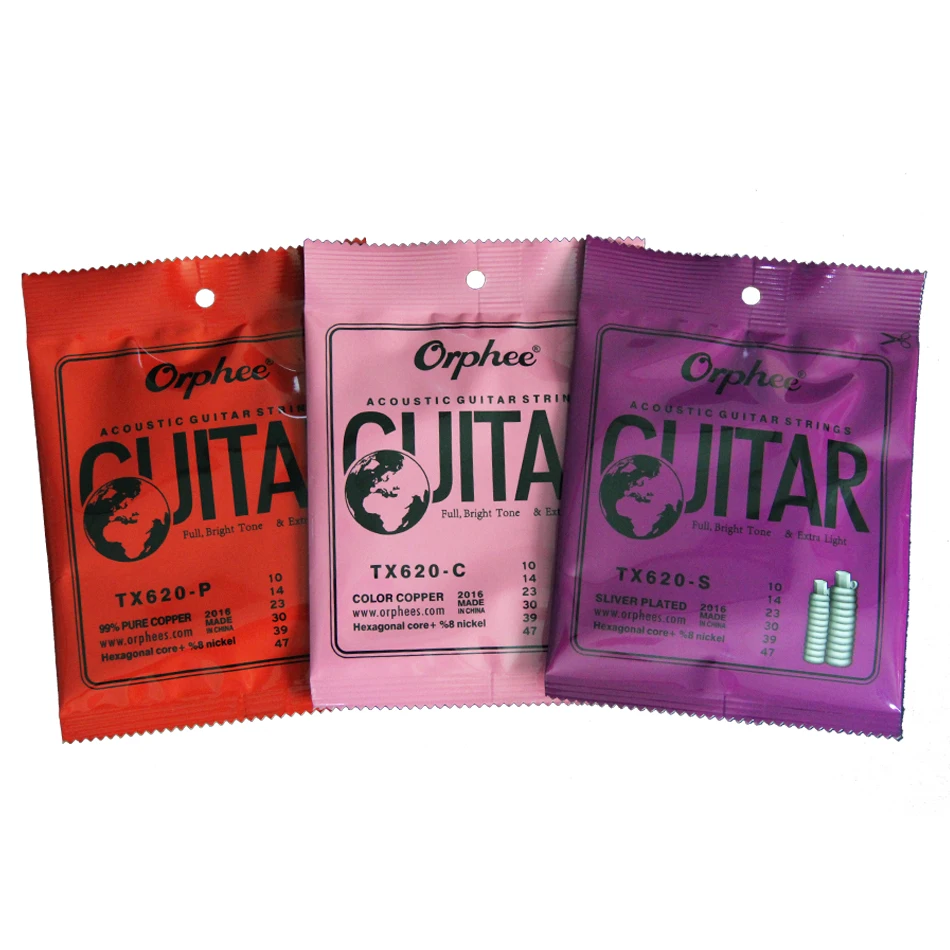 Orphee TX620 Serie Akustikgitarrensaiten, versilbert/bunt/rot, kupferfarben, rostfrei, sechseckiger Kern + 8 % Nickel, extra leicht