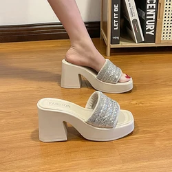 Crystal Luxury Women High Heels Slippers Chunky Dress Sandals Shoes Woman Summer Flip Flops Fashion Beach Pumps Slides Female