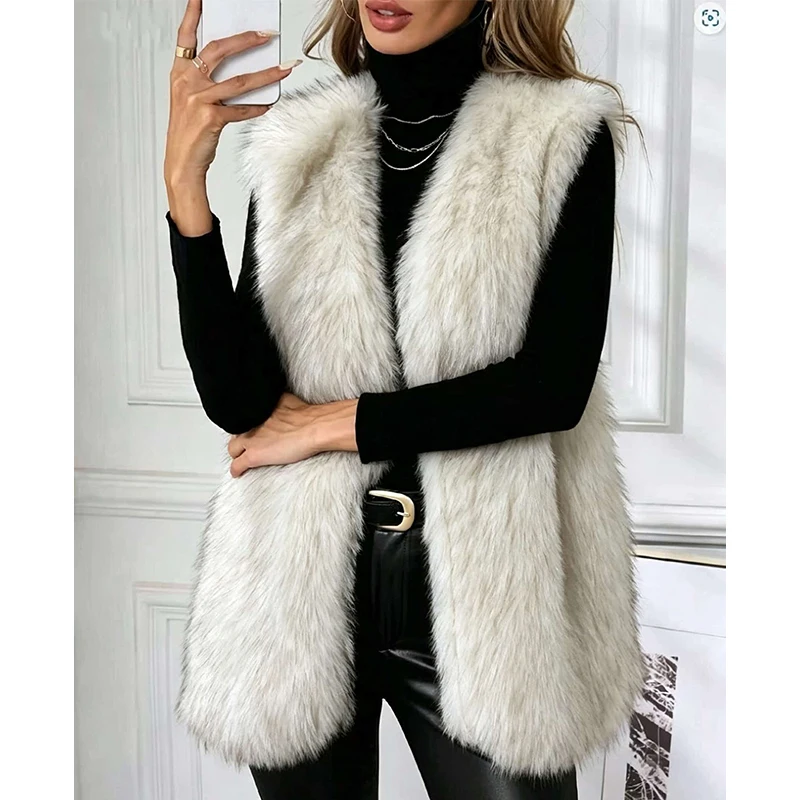 Winter Faux Fur Vest for Women American Style Gradient Grey Open Front Sleeveless Waistcoat Elegant Fluffy Fur Gilet Outerwear