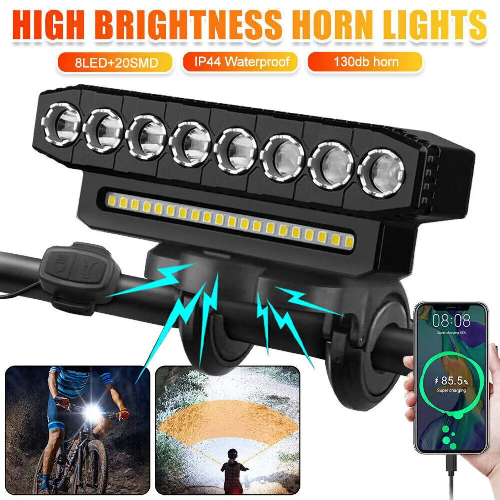 AliExpress NONE USB Rechargeable Bike Front Light 130dB Cycling Bike Horn Waterproof 6 Lighting Modes Bicycle Bell Front Light Easy to Install