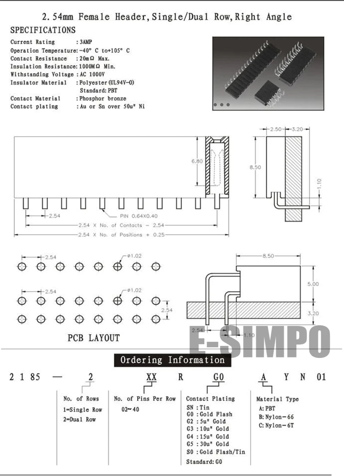 Conector de cabeza de Pin hembra PCB chapado en oro, 10 piezas, 2,54mm, ángulo recto doblado, fila única 90D PH8.5 3P 4P 5P 6P 7P 8P 40P Rohs