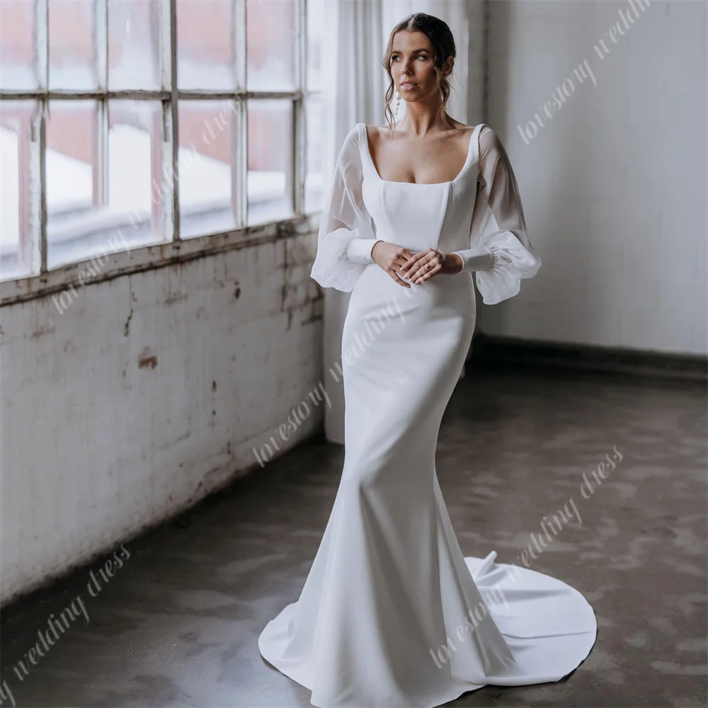 New Simple Pretty Square Neck Wedding Dresses Long Sleeves Mermaid Bride Robes Sexy Backless Bridal Gown Vestidos De Noiva