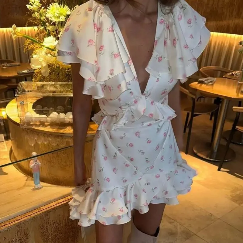 Love Floral Print V Neck Dress for Women Elegant Ruffle Hem Short Sleeve High
