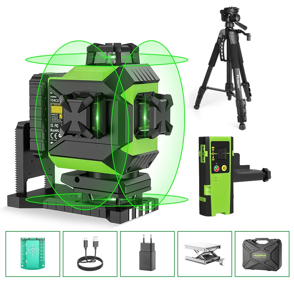 Huepar 704CG 16 lijnen 4D laserwaterpas zelfnivellerend kruislijn groen niveau aanpasbaar heldere uitlijningslaser met Li-ion batterij - afbeelding 1