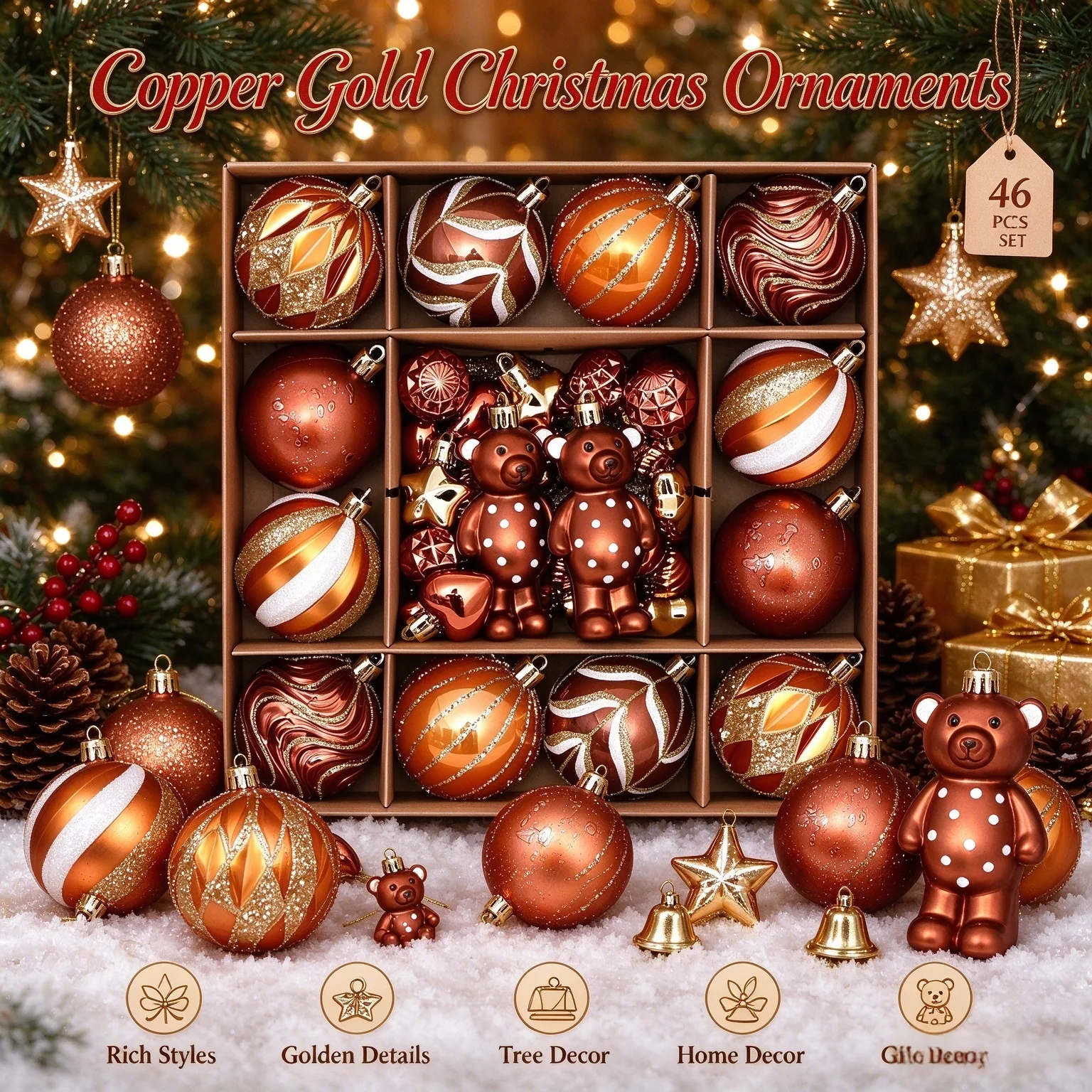 46Pcs Christmas Ball Ornament Set Durable Handcrafted Decorations for Festival Tree Styling Home Decoration