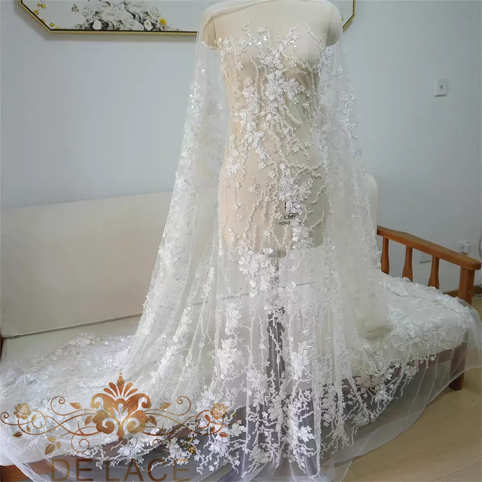 

JZQ New 3D Mesh Beaded Sequins Lace Fabric for DIY Delicate Wedding Dresses Lace Luxury Garments Fabric