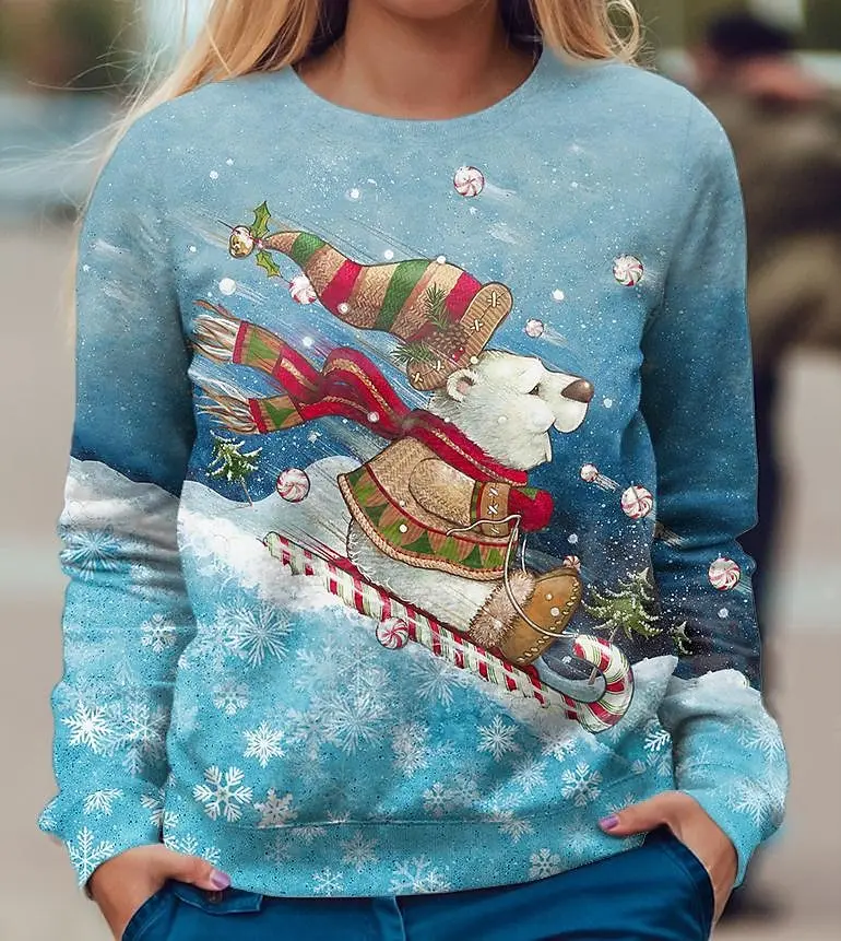 2024 sweatshirt cotton round neck casual Harajuku hip-hop trend fit suitable for women, Christmas pattern sweatshirt big snowman