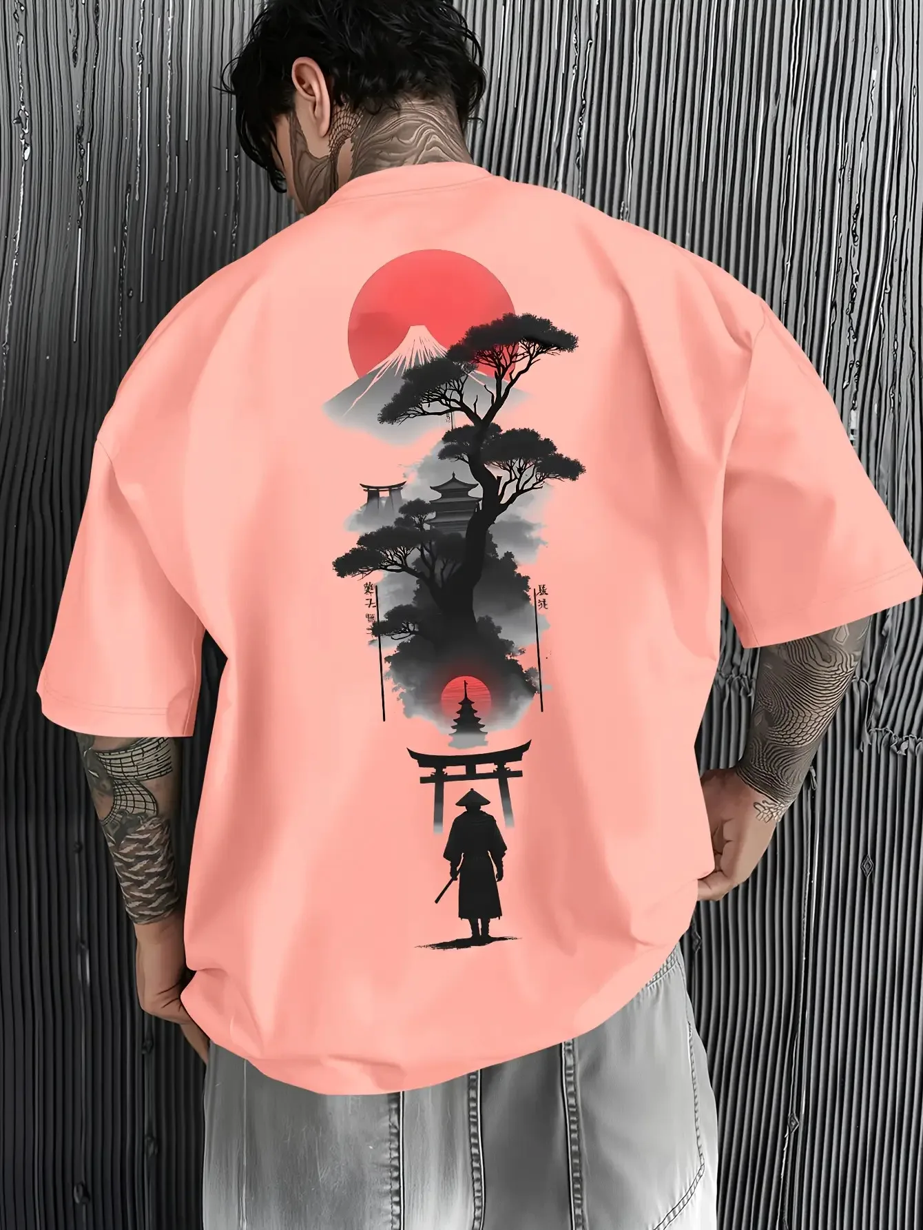 Fuji Mountain Pagoda Pine Tree Samurai Ink Wash Print Shirt Summer Casual Loose Fitting Short Sleeve 100% Cotton Men's T-Shirt