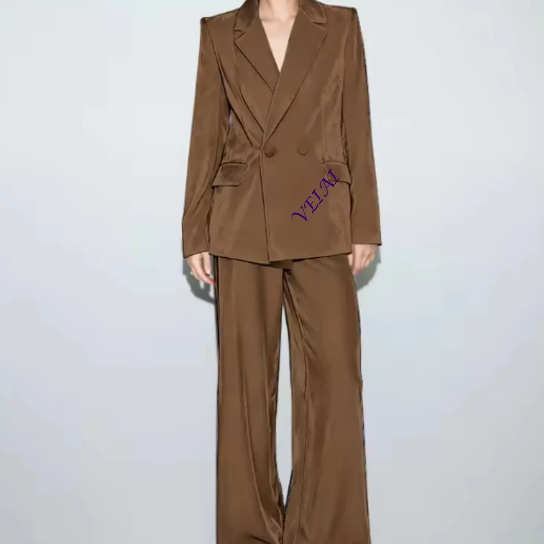 CustomizedLuxury Navy Blue Velvet Women's Suit Two Piece(Jacket+Pants) Set Double-Breasted Notch Lapel Blazer Elegant Formal Eve
