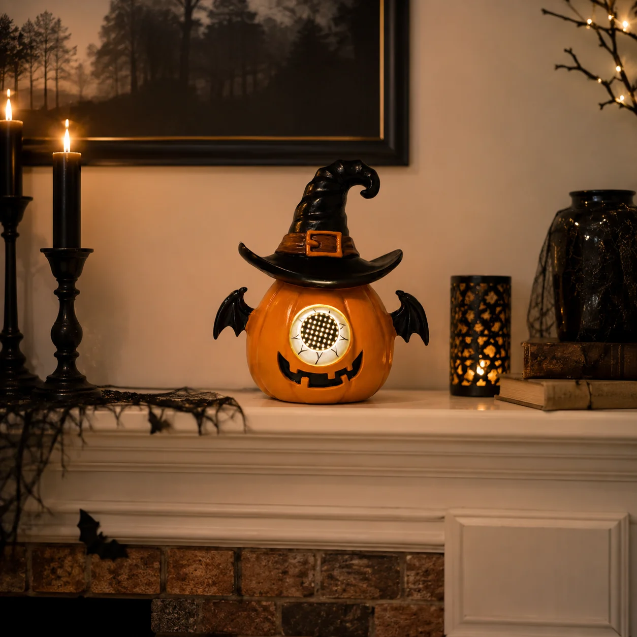 Halloween LED Lighted Pumpkin Resin Figurine, Witch Hat Bat Wings Jack‑o‑Lantern Statue, Desktop Ornament for Home Party Decor