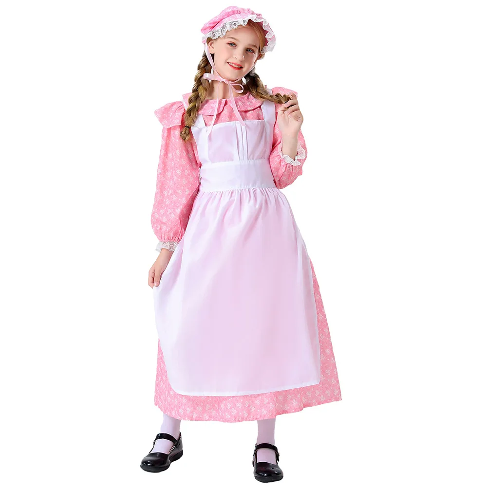 Carnival Halloween Girls Colonial Costume Long Sleeve Pioneer Dresses for Kids Early American Prairie Girl Cosplay Party Dress