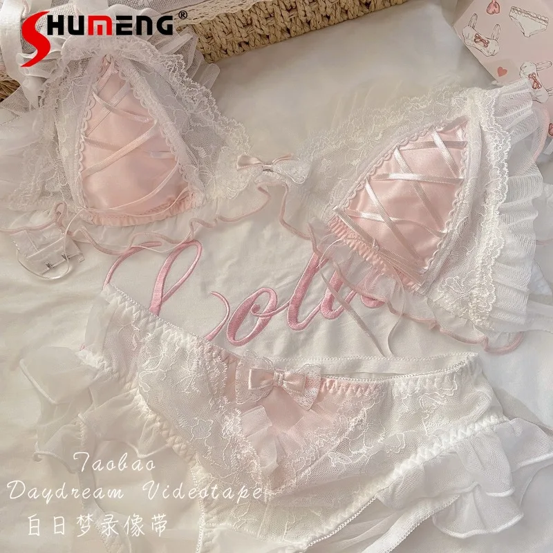 

Girls Pure Desire Lace Intimates Women's Triangle Cup Rabbit Ear Bra Set Female Chest Pad Thin Japanese Lolita Brief Suits