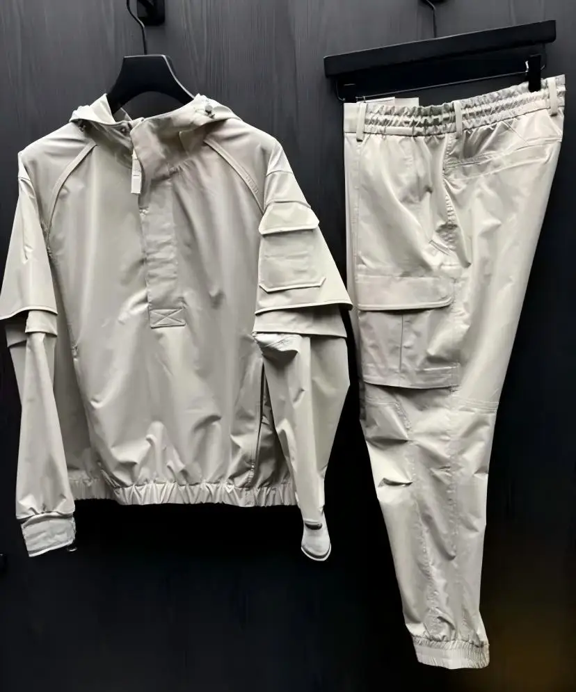 2026 Autumn Winter Men Golf Outfit Windproof UV Sun Protection Hooded Jacket & Cargo Pants 2 Pieces Set Outdoor Golf Sportswear