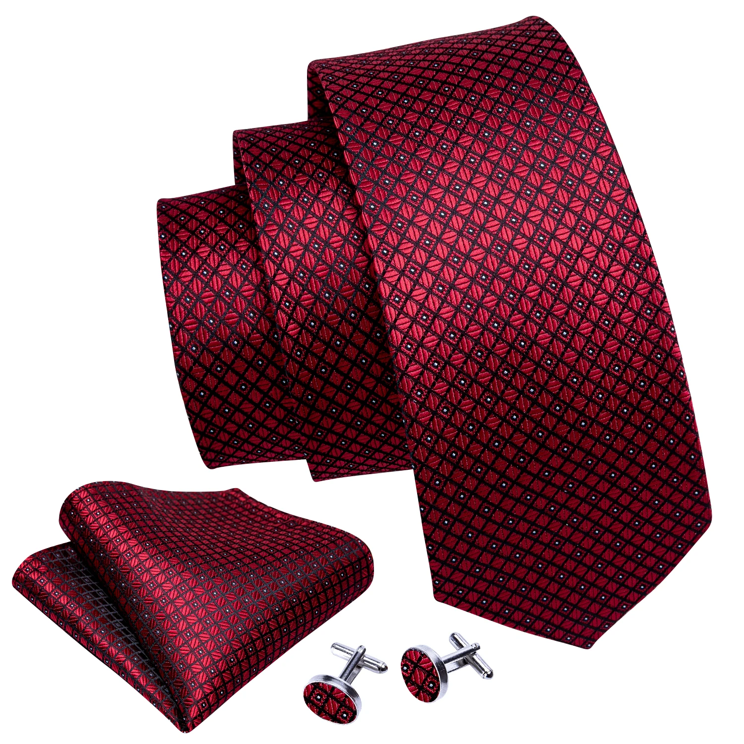 Barry.Wang Men's Tie Set Red Plaid Dots Necktie Pocket Square Cufflinks for Male Weeding Business Jacquard Designer Men Gift