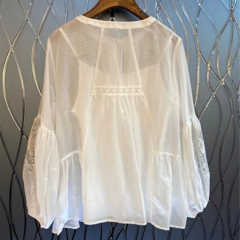 OCEANLOVE Embroidered Spring Autumn Thin Women Shirts Loose White Elegant Blusas Feminina Korean Fashion Vintage Blouses