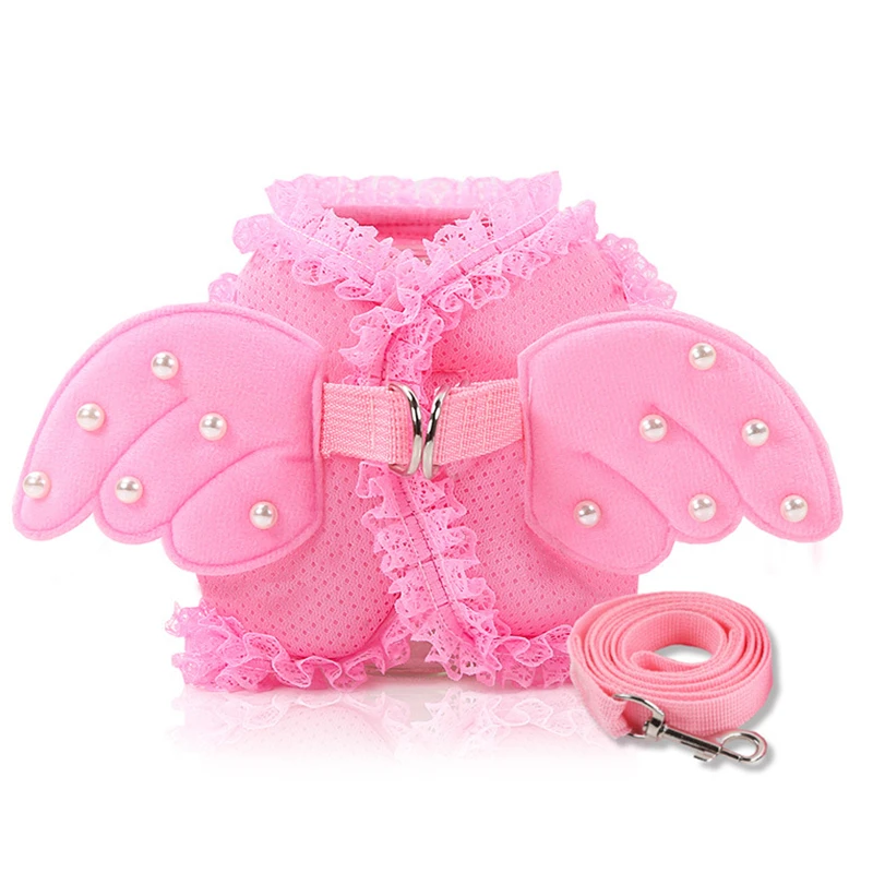 Small Dog Harness and Leash Set Pet Cat Vest Harness Pearl Cute Angel Wing Princess Pet Dog Harness Leashes Adjustable Leashes