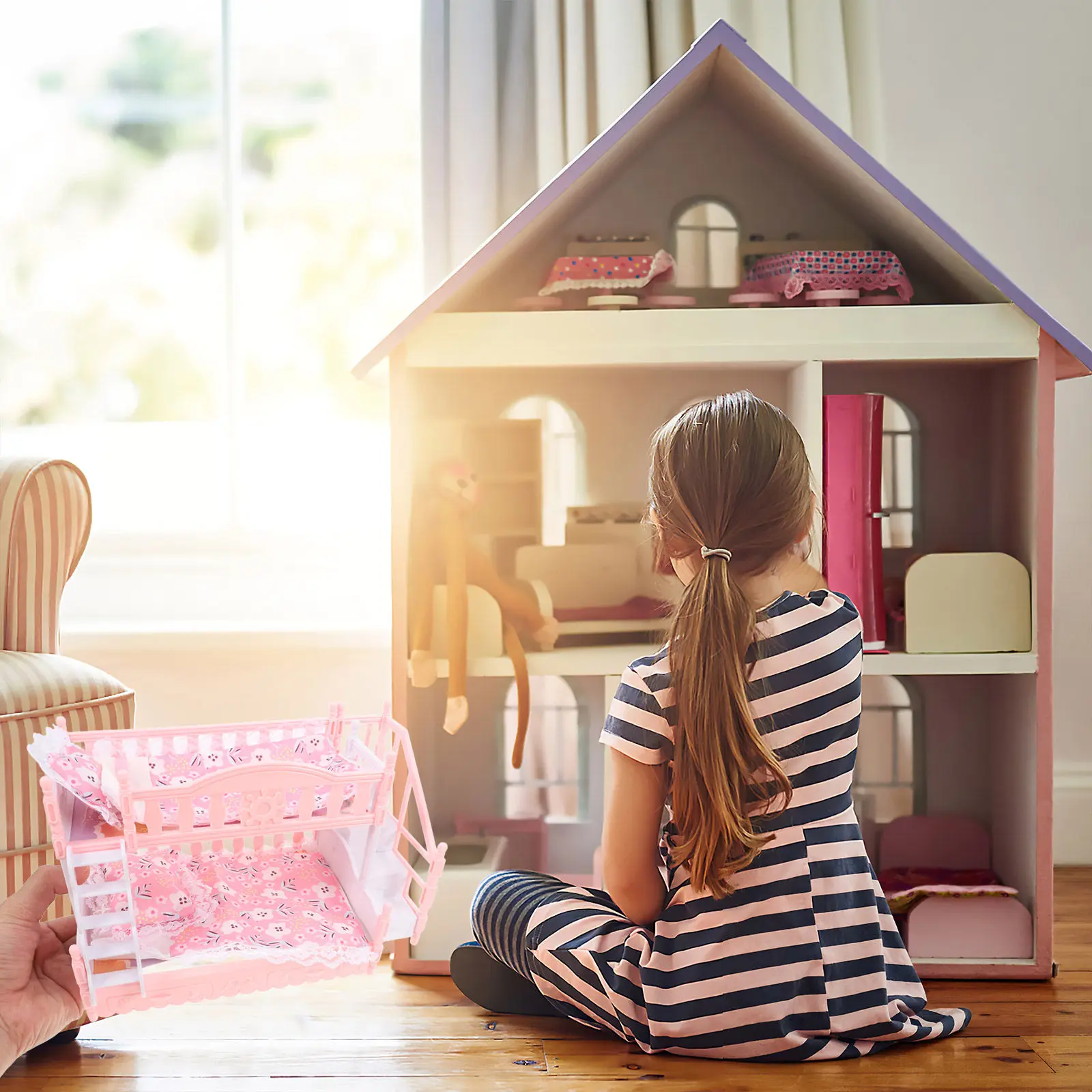 

1Set Miniature Dollhouse Furniture Bunk Bed Set for Girls Pretend Play Mini Bed Mini House Accessories Miniature Furniture