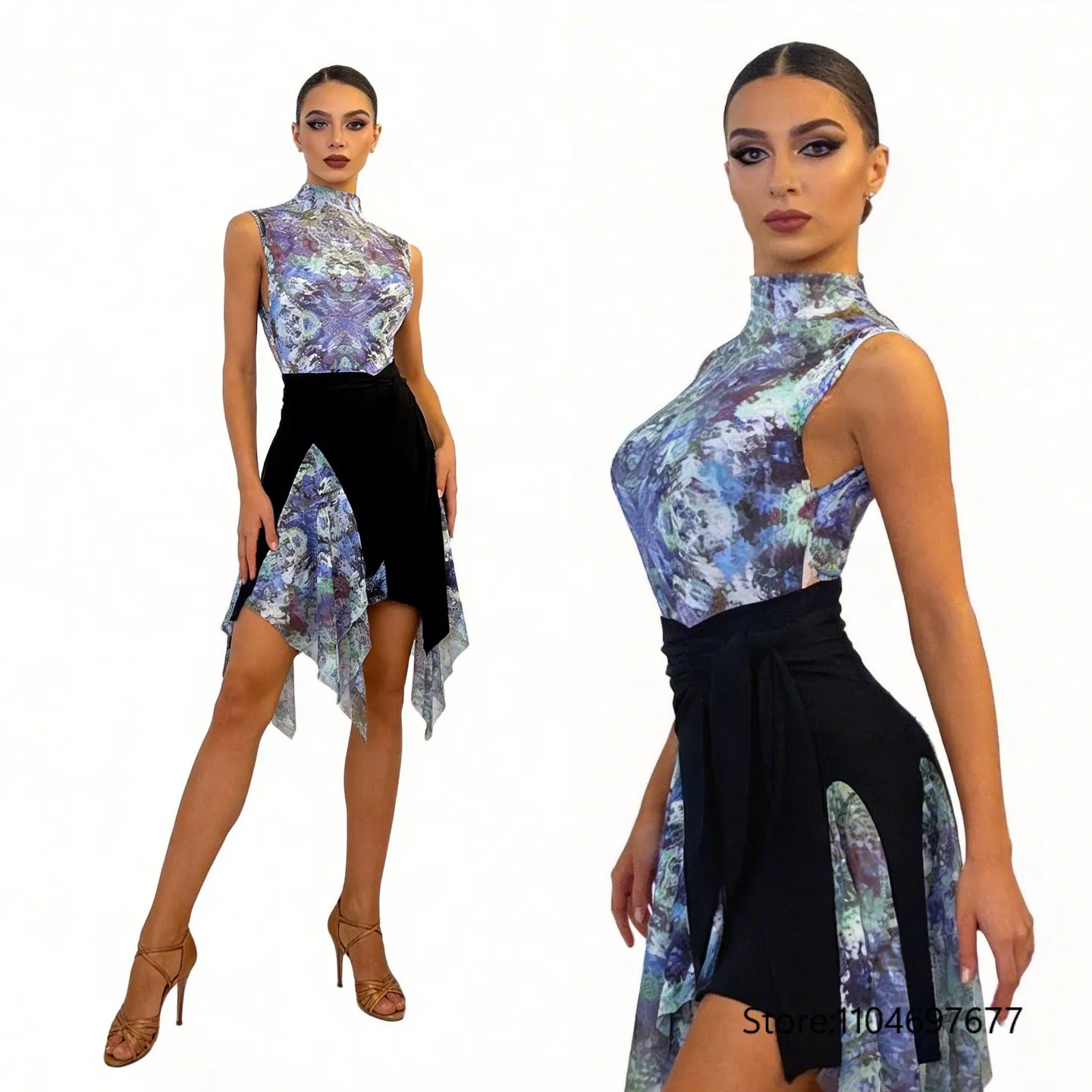 

Сексуальный синий комбинезон из сетки с принтом для латиноамериканских танцев (ча-ча-ча, румба, танго, самба) и современных танцев, костюм для тренировок, для взрослых, 2026