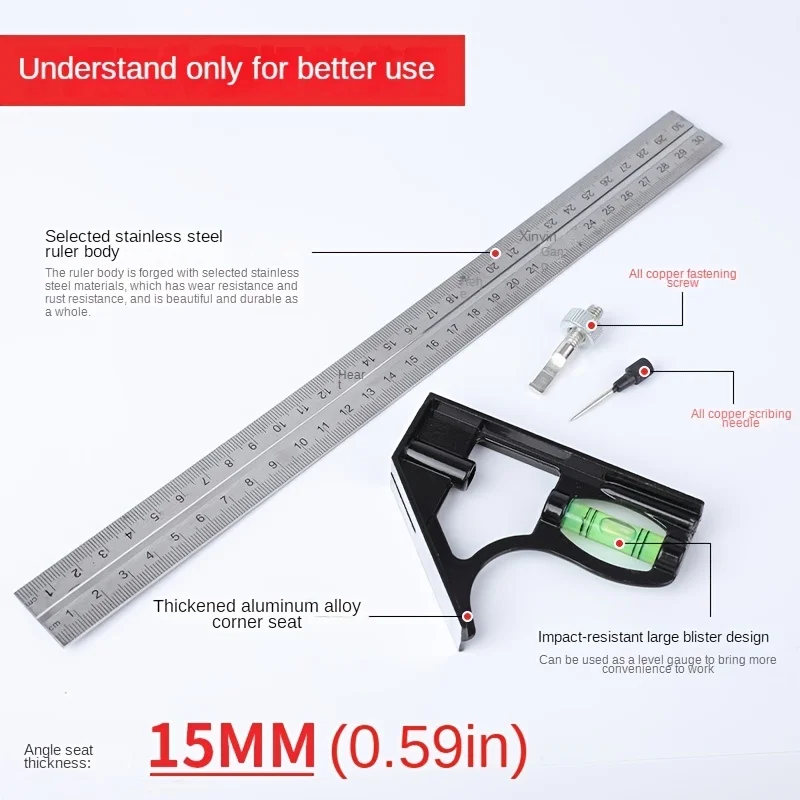 Adjustable Combination Right Angle Ruler 45/90 Degrees with Bubble Level Gauge, Multifunctional Measuring Tool, Measuring Ruler