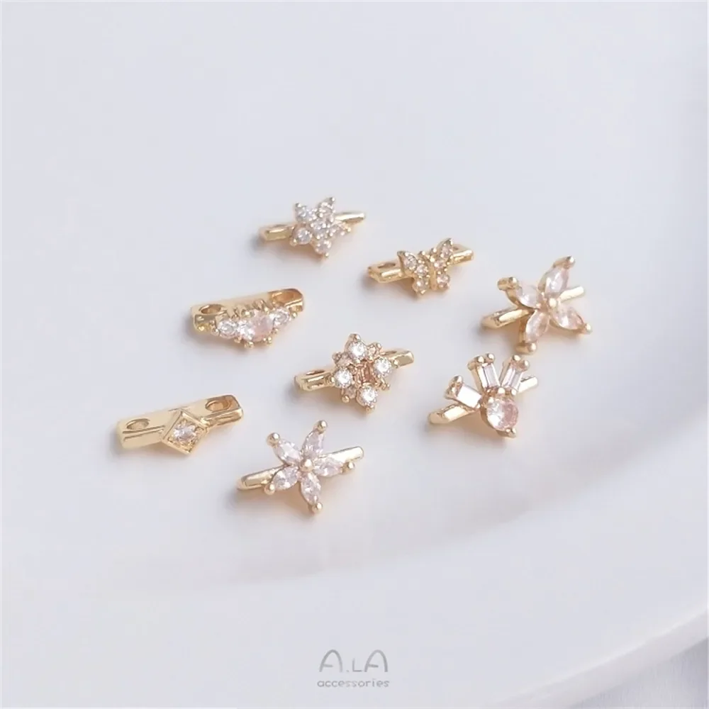 14K gold with zirconium flowers butterfly double row string pearl spacer double hole spacer beads material jewelry accessories