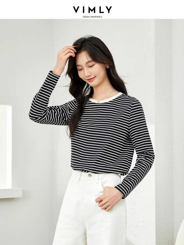 Vimly Black White Striped Basic Tees Women O-neck T-shirt Long Sleeve Top 2024 Spring Casual Pullovers Womans Clothes M5991