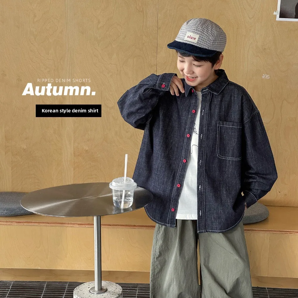 Boys Denim Shirt 2026 Autumn New, Red Button Lapel Versatile Stylish Casual Tops For Baby Kids Boys for 90-160cm