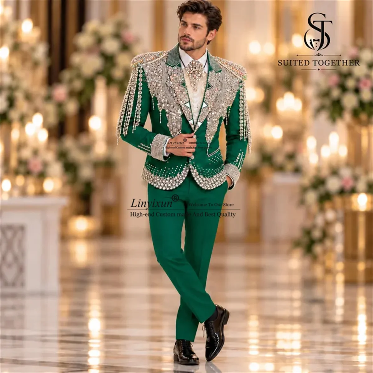 High End Crystals Diamond Tuxedos Men Suits Customized Slim Fit Wedding Groom Blazers 2 Pieces Sets Party rajes para hombre