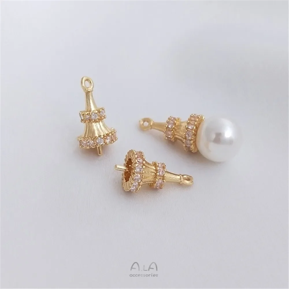 14K Gold-plated Zircon Trumpet Shaped Half Hole Pearl Pendant with Handmade Adhesive Beads DIY Pendant Accessories C092