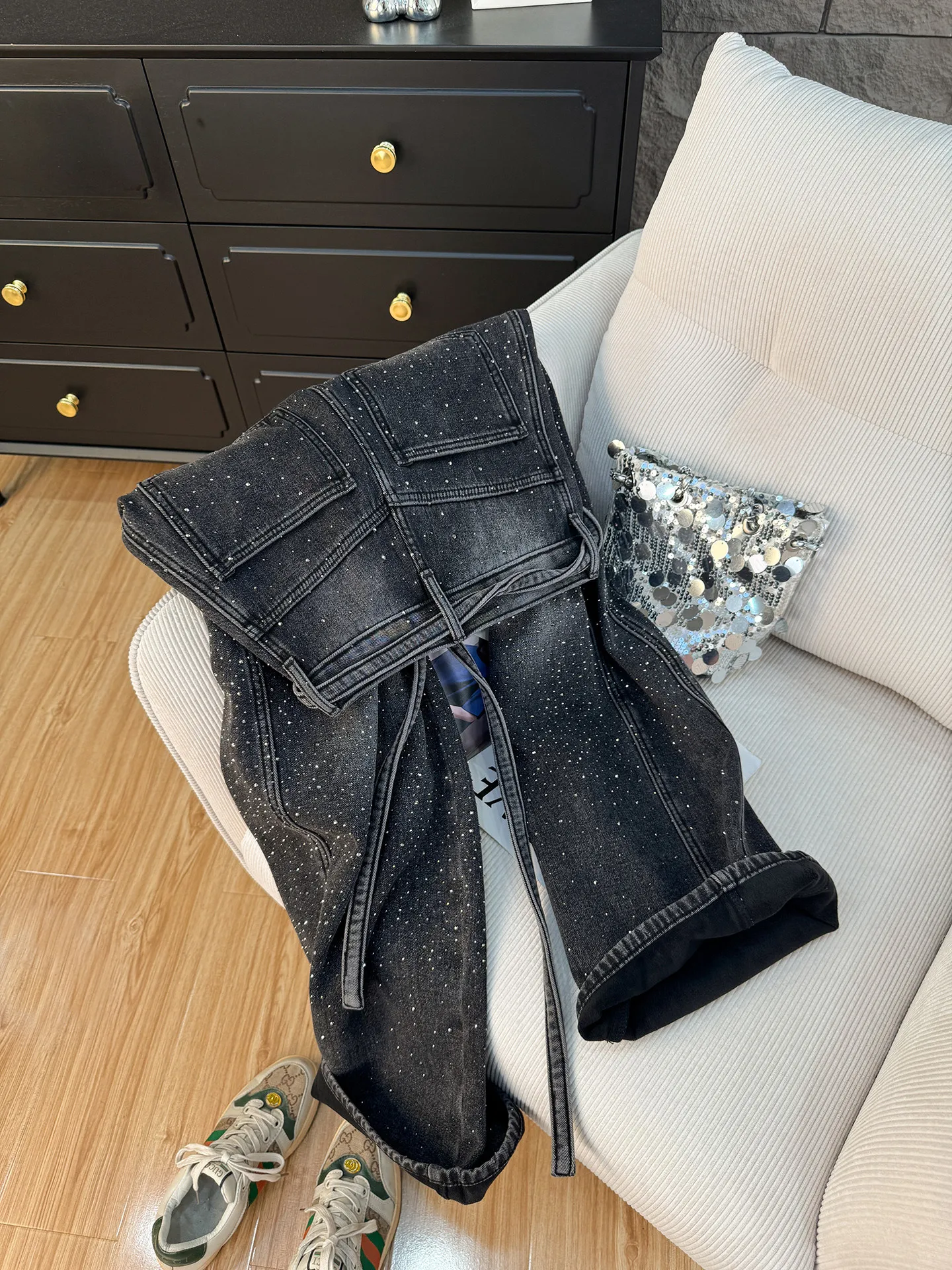 

Retro Waed High Waist Fce Lined Denim Jeans Women's Autumn Winter Bla ey Wide Leg Pants with Sequins Design Casual Wear