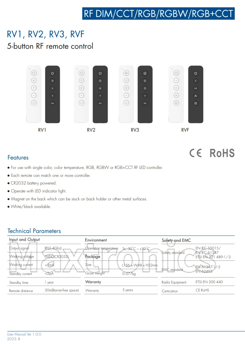 

5-button 2.4G RF Wireless Remote Control RV1 1Zone DiM / RV2 2Zones CCT /RV3 2Zone RGB/RGBW/RGBCCT/ RVF 4-Zone LED Strip Light