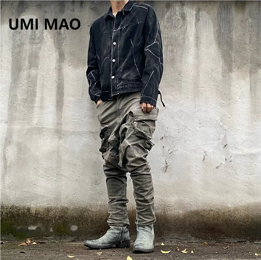 UMI MAO Autumn Winter Seize Clear Line 3D Irregular Cut Old Wash Drop Shoulder Outline Loose Fit Trendy Jacket Men