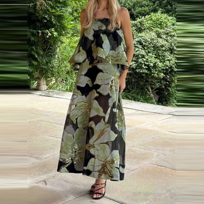2026 Autumn Elegant Ruffle Edge Sleeveless Dress Sexy Straps Off Shoulder Loose Dress Retro Print Backless Beach Vacation Dress