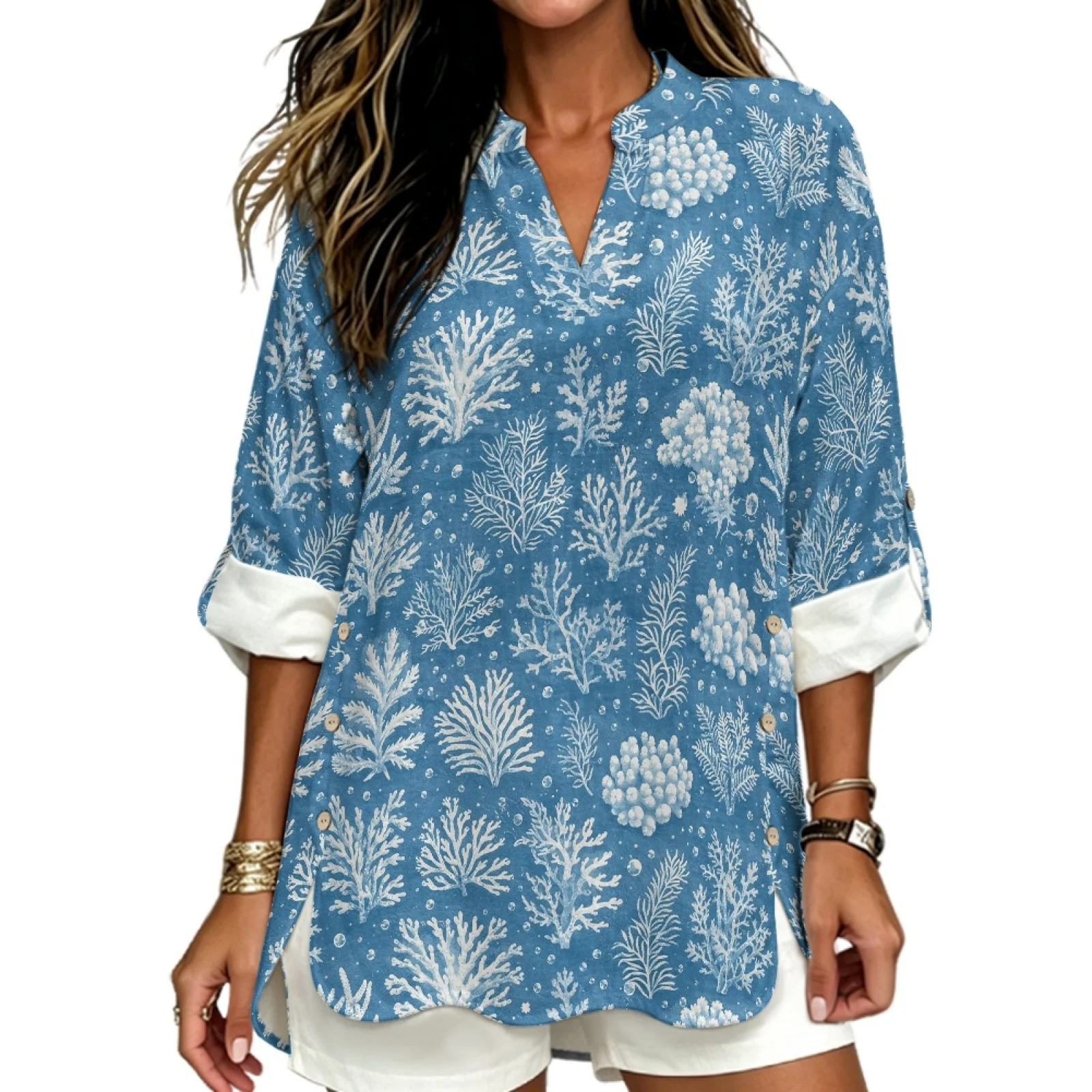 PENSTROLL Blue Coral Pattern Linen Style Long Sleeve Womens Tops Rolled Sleeve V Neck Blouse Shirt for Ladies Sizes S-5XL