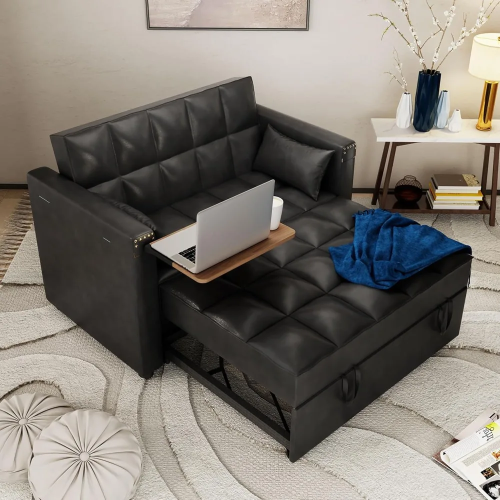 Sofa Bed,3-in-1Multi-Functional Faux Leather Sleeper Couch PullOut Bed,Adjustable BackrestandHidden Side Table Living Room Sofas